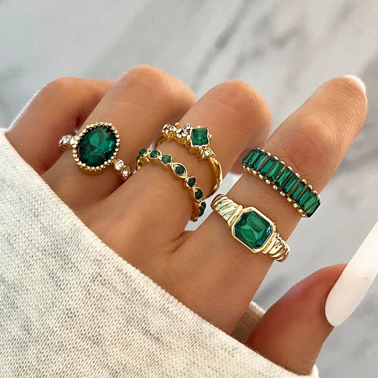 5pcs Crystal Rings Set For Women Gold Plated Vintage Geometric Luxury Anillos Lady Jewelry Gifts